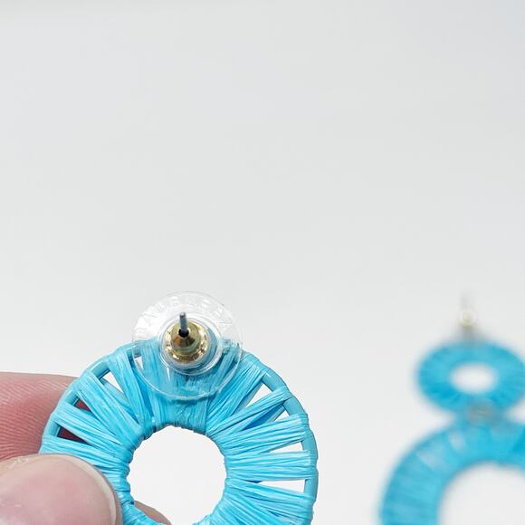 BaubleBar Teal Blue Mini Kiera Raffia Earrings Round Oval Drop Statement Boho - Picture 5 of 6